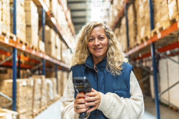 Frontal portrait of a caucasian woman holding a wireless scanner working in a distribution