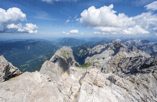 Rocky steep mountain landscape, mountain panorama from the summit of the Zugspitze, view of the