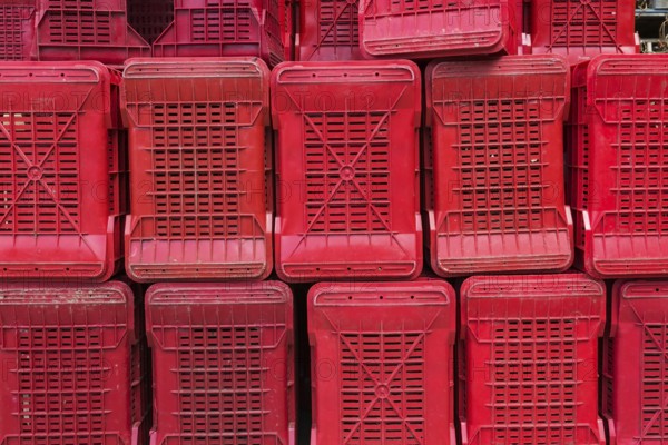 Rows of stacked red heavy duty plastic crates for transporting fruit and vegetables to processing