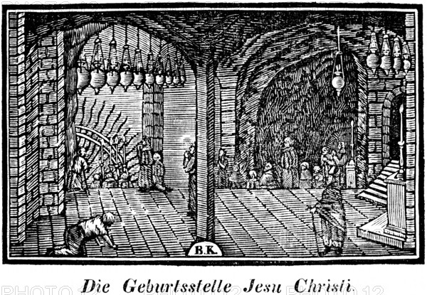 Church at Bethlehem, the birthplace of Jesus Christ, cellar grotto of the manger, woodcut,