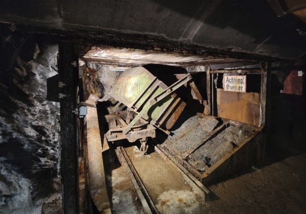 Underground with the sign Achtung Bunker in the Rammelsberg ore mine, UNESCO World Heritage Site,
