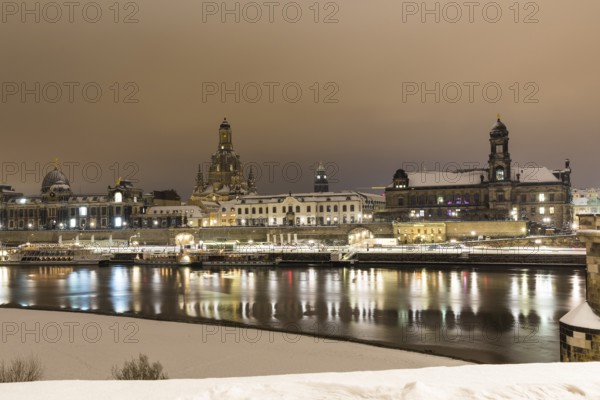 Old town across the Elbe at night and snow with the Academy of Fine Arts, Frauenkirche, secondary