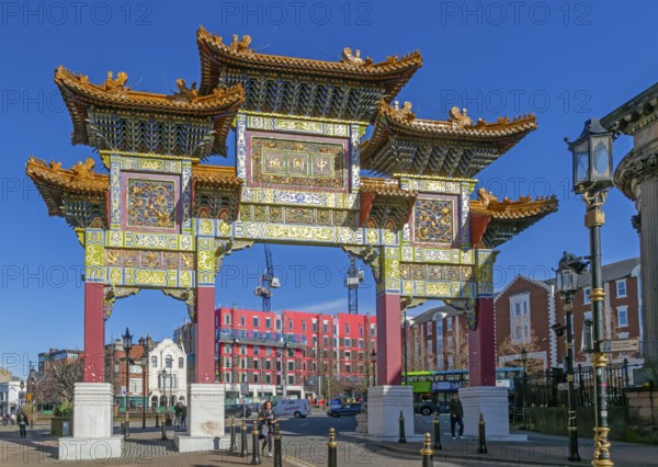 Chinese Paifang or Pailou archway entrance to Chinatown, Nelson Street, Liverpool, Merseyside,