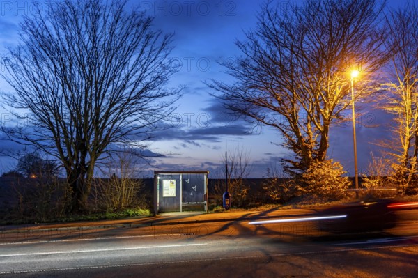Bus stop Pierburg, in the evening, illuminated, Meisenburger Straße, Essen-Schuir, line 142, in the