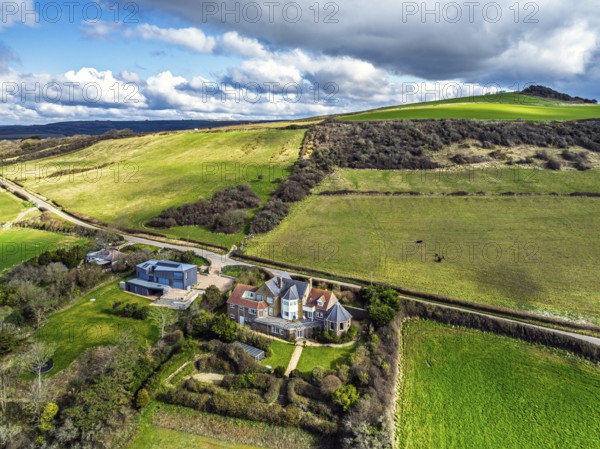 Farms over Swyre and West Bexington from a drone, West Bexington Nature Reserve, S W Coast Path,
