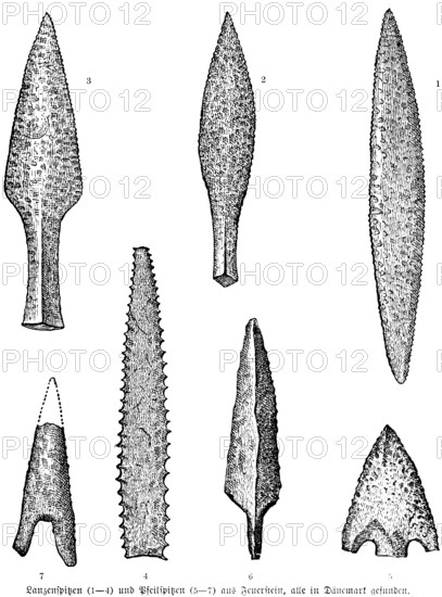 Flint weapons, spearheads (1-4) and arrowheads (5-7), archaeology, Stone Age, history of