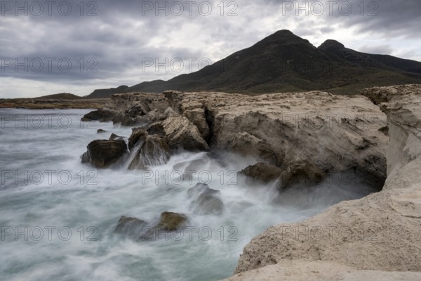 Waves on rocky coast, Playa Los Escullos, Cabo de Gata, Los Escullos, Playa del Arco, El Arco