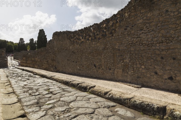Long narrow stone sidewalk and street made of large grey smooth and worn lava stones plus remnant