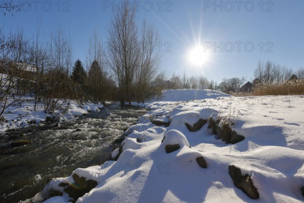 Dortmund, North Rhine-Westphalia, Germany - Sunny winter landscape in the Ruhr area, ice and snow