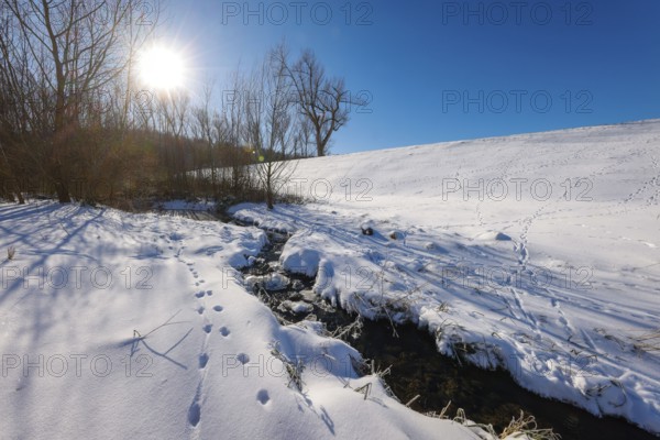 Bochum, North Rhine-Westphalia, Germany - Sunny winter landscape in the Ruhr area, ice and snow on