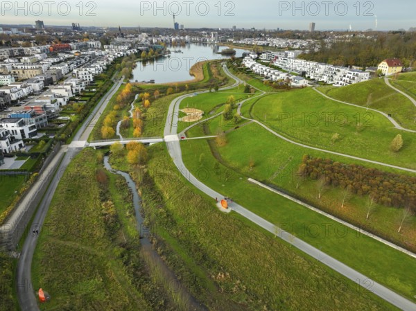 Dortmund, North Rhine-Westphalia, Germany, Phoenix Lake, front of the renaturalised Emscher. The