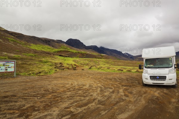 Camping car parking at Laugarvatnsvellir. Laugarvatnsvellir are dry flatlands to the east of