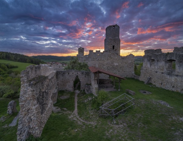 Brandenburg castle ruins at sunset, dramatic cloudy atmosphere, Lauchröden, Wartburgkreis,