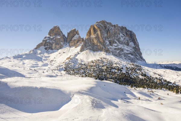 Beautiful landscape of the Mountain silhouettes of the Sexten Dolomites on a sunny winter day,