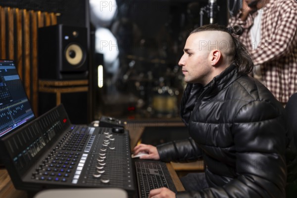 Sound engineer mixing music track using professional audio equipment in a recording studio