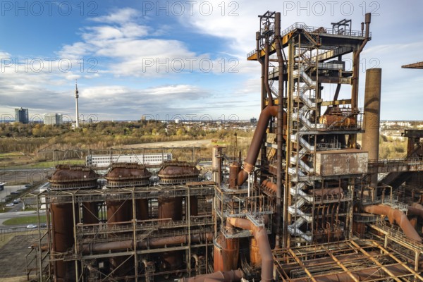 Industrial ruins of the Phönix West blast furnace works in Dortmund seen from the air, North