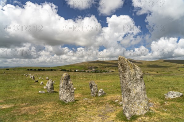 Stone row of the megalithic complex of Merrivale, Dartmoor, Devon, England, Great Britain