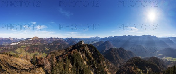 Drone shot, view from Schwarzer Berg into Lammertal with Dachstein massif and Tennengebirge,