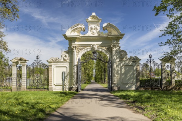 The neo-baroque Eagle Gate on the north side of Keesschen Park in Markkleeberg, Saxony, Germany,