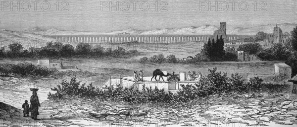 Hilly landscape with aqueduct in ancient Carthage on the Mediterranean, archaeological site, UNESCO