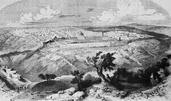 Cityscape of Jerusalem, bird's eye view from the Mount of Olives, Mount of Olives, plateau, city