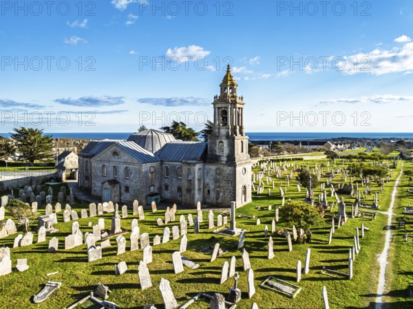 St George's Church and Cemetery froim a drone, Reforne, Portland, Dorset, England, United Kingdom,