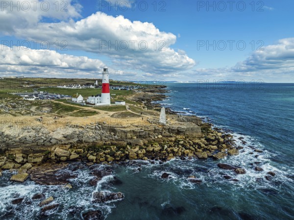 Portland Bill Lighthouse from a drone, Portland Bill, Isle of Portland, Dorset, England, United