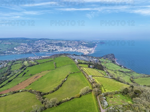 Farms and Fields over River Teign from a drone, Teignmouth, Shaldon, Devon, England, United