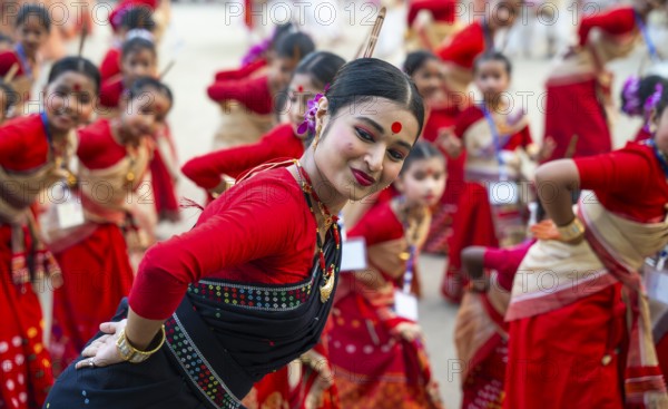 Participants with instructors dance on the final day of a Bihu dance workshop ahead of Rongali Bihu