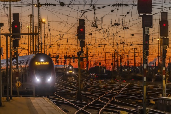 Track apron with trains, rails, points, pylons and signalling systems. Infrastructure at the main