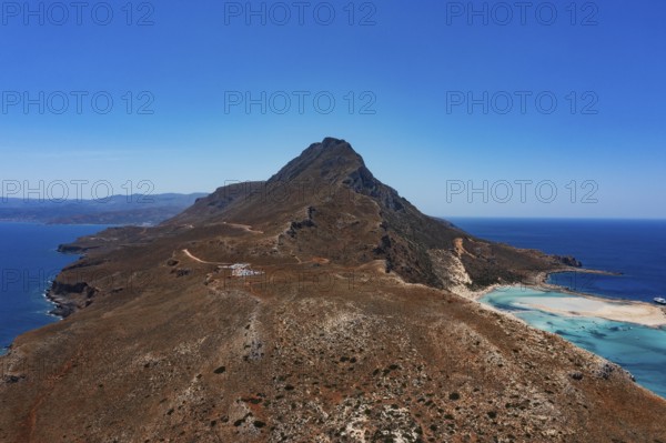 Drone shot, Gramvousa peninsula with view to the beach and bay of Balos, Kolimbari, West Crete,