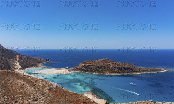 Drone shot, Gramvousa peninsula with view to the beach and bay of Balos, Kolimbari, West Crete,