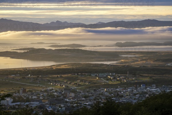 Ushuaia, Tierra del Fuego, Argentina, sunrise over the Beagle Channel, the Beagle Channel is a