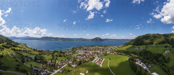 Drone image, Weyregg am Attersee with Attersee Golfclub Weyregg, Salzkammergut, Upper Austria,