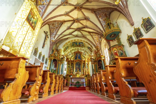 Interior of the church of st. Magdalena in val di funes, showing frescoes, pews and red carpet, in