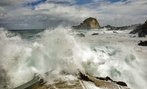 High waves on the rocks of Porto Moniz, Atlantic surf, storm, Porto Moniz, Madeira, Portugal,