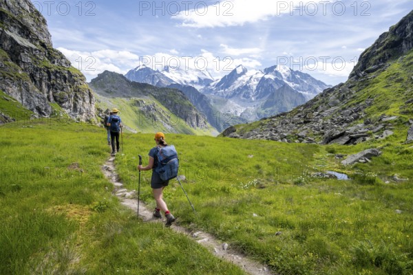 Hikers on a hiking trail, behind the summit of the Grand Combin, Val de Bagnes, Valais,