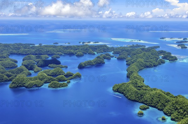 Aerial view of 70 Rock Islands green islands in island paradise island state Palau in the Pacific