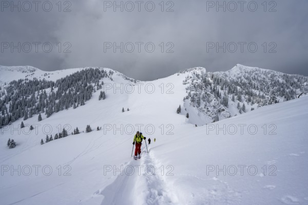Ski tourers on the ascent to Raukopf, mountain landscape in the snow, mountain peaks Tanzeck and
