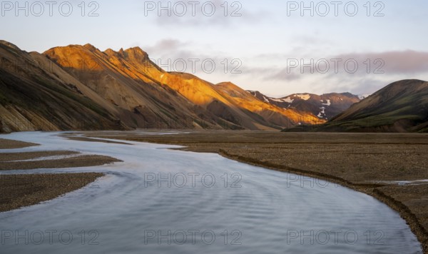 Rhyolite mountains and river Jökulgilskvísl, Landscape at Landmannalaugar, Dramatic volcanic