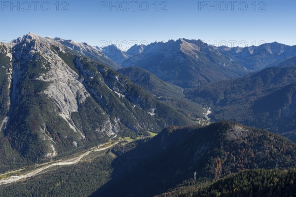 Mountain landscape in autumn, view of the Upper Isar Valley with Pleisenspitze in the Karwendel,
