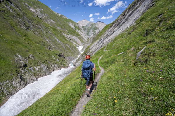 Mountaineer on hiking trail in Dabertal, Lasörling Höhenweg, Lasörling Group, Hohe Tauern National