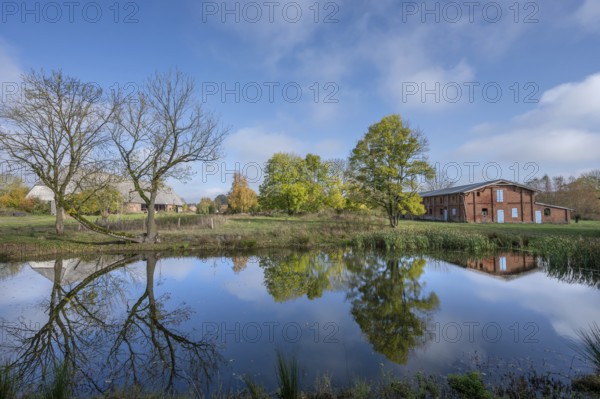 Othenstorf estate with pond and historic pigsty, built around 1900, barn on the left, Othenstorf,
