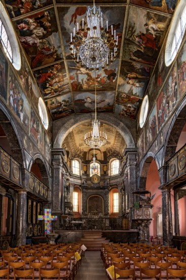 Union Church, interior with choir, pulpit, painting on canvas, riding choir, historic old town,