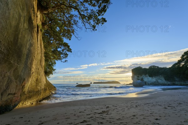 Beach with jagged rocks and calm sea, the sky is bathed in warm colours, Cathedral Cove,