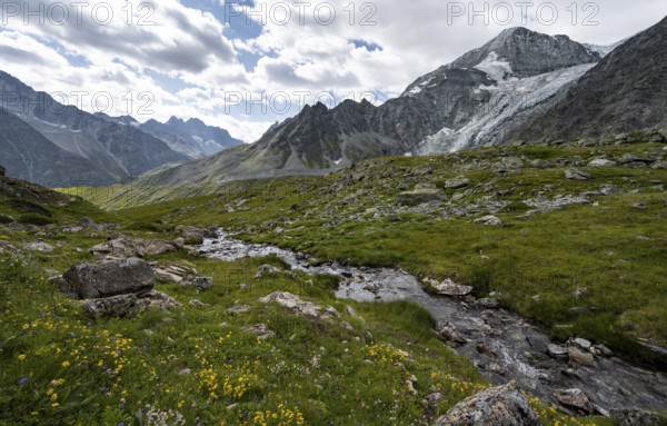 Mountain stream, mountain landscape with mountain peak Pigne d'Arolla and glacier Glacier de