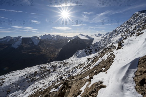 Mountain panorama, view of the summit of Gurgler Tal, from Ramoljoch, in autumn with snow,