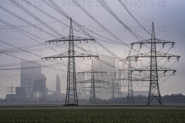Large power line, 380 KV extra-high voltage lines, near Rommerskirchen, RWE lignite-fired power