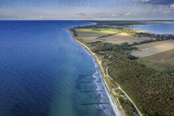 Aerial view over beach and sea cliffs of Wustrow on the Fischland peninsula along the Baltic Sea,