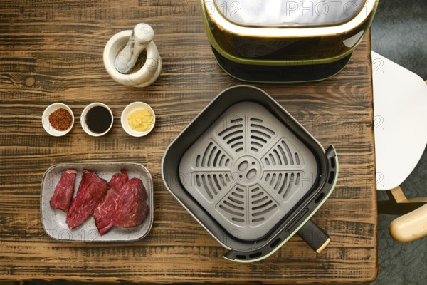 Fresh cuts of meat are arranged alongside several bowls of spices and sauces on a wooden table. A